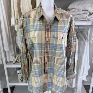 Liz Claiborne sz. medium tan & blue w rust red plaid button up, casual #1382